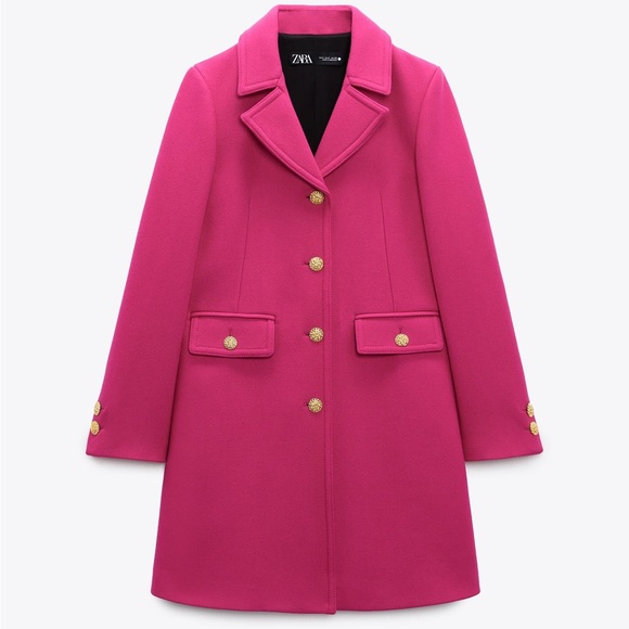 ZARA LIMITED EDITION FUCHSIA WOOL COAT GOLD BUTTONS - Picture 2 of 8